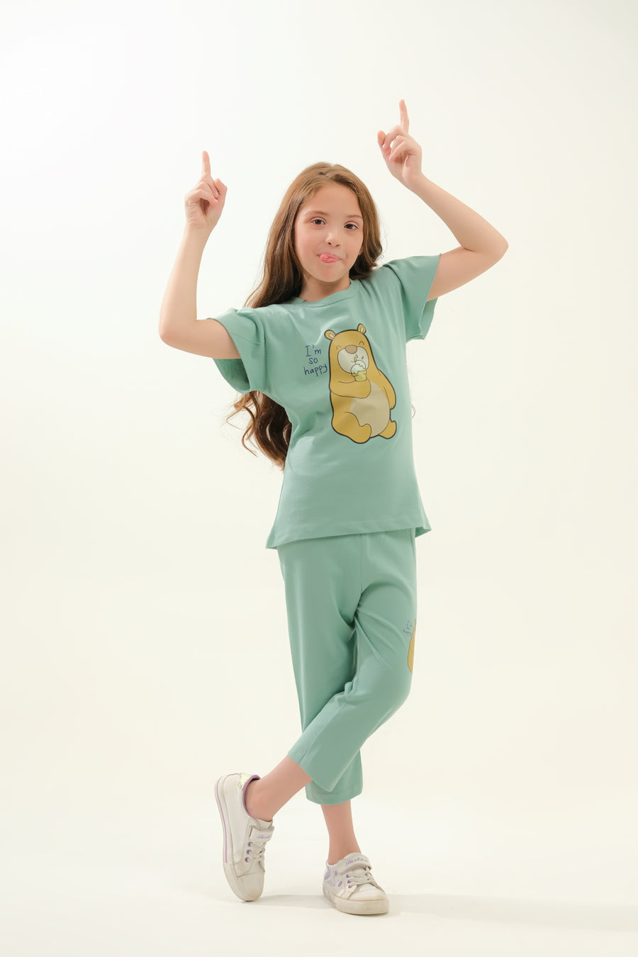 Girls' Mint Green "I'm So Happy" Bear Lounge Set