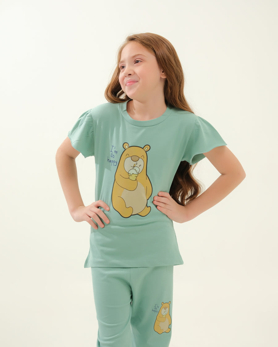 Girls' Mint Green "I'm So Happy" Bear Lounge Set