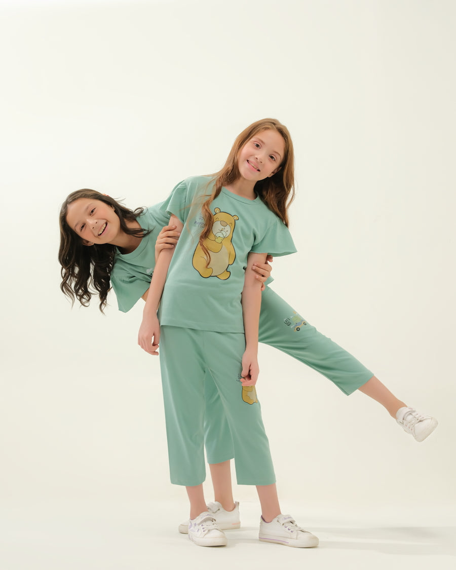 Girls' Mint Green "I'm So Happy" Bear Lounge Set