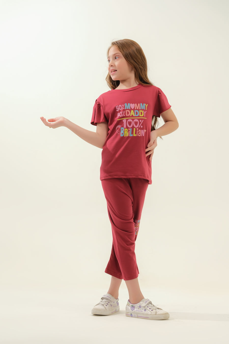 Girls' Maroon "50% Mommy, 50% Daddy, 100% Brilliant" Lounge Set