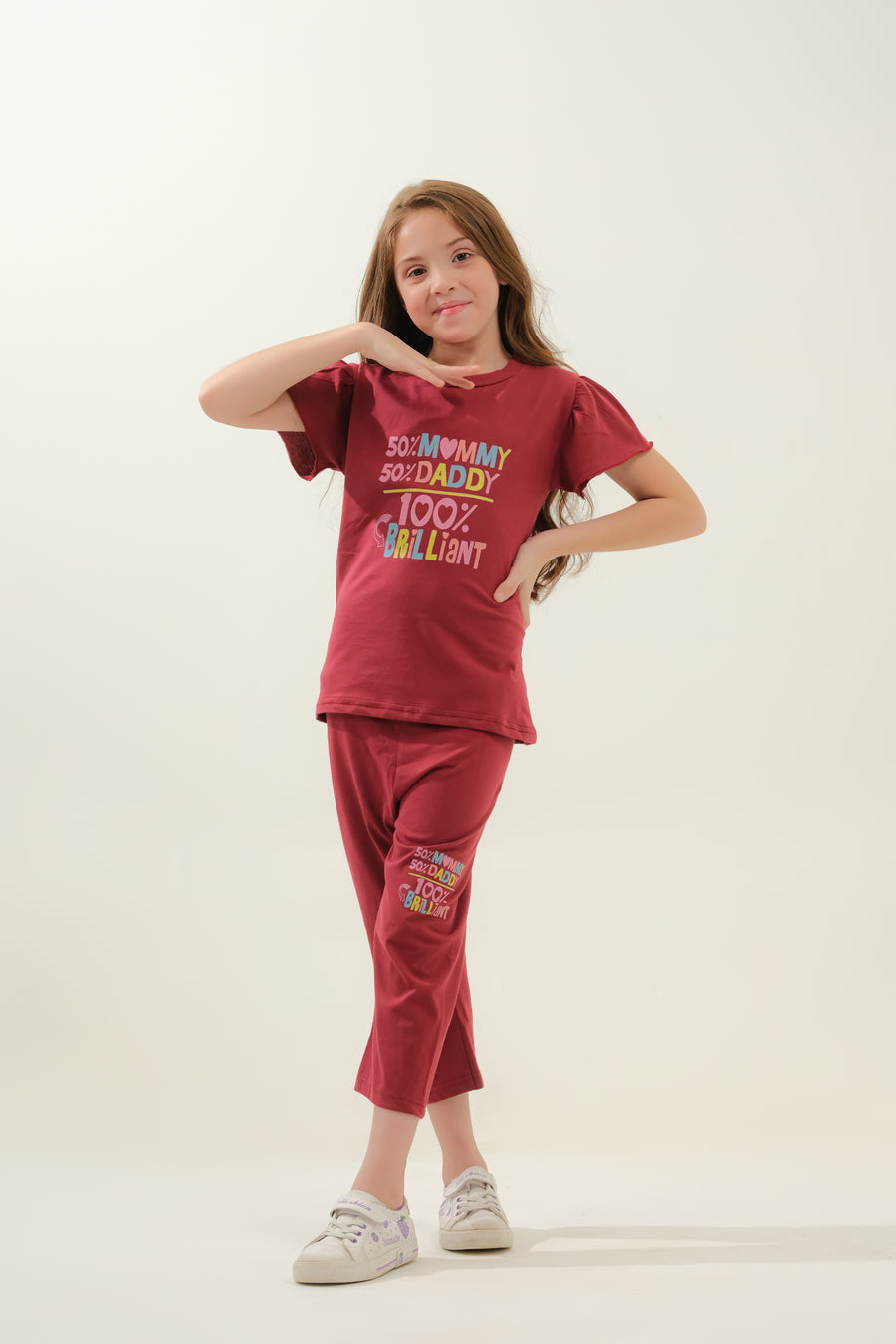 Girls' Maroon "50% Mommy, 50% Daddy, 100% Brilliant" Lounge Set
