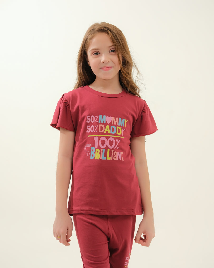 Girls' Maroon "50% Mommy, 50% Daddy, 100% Brilliant" Lounge Set