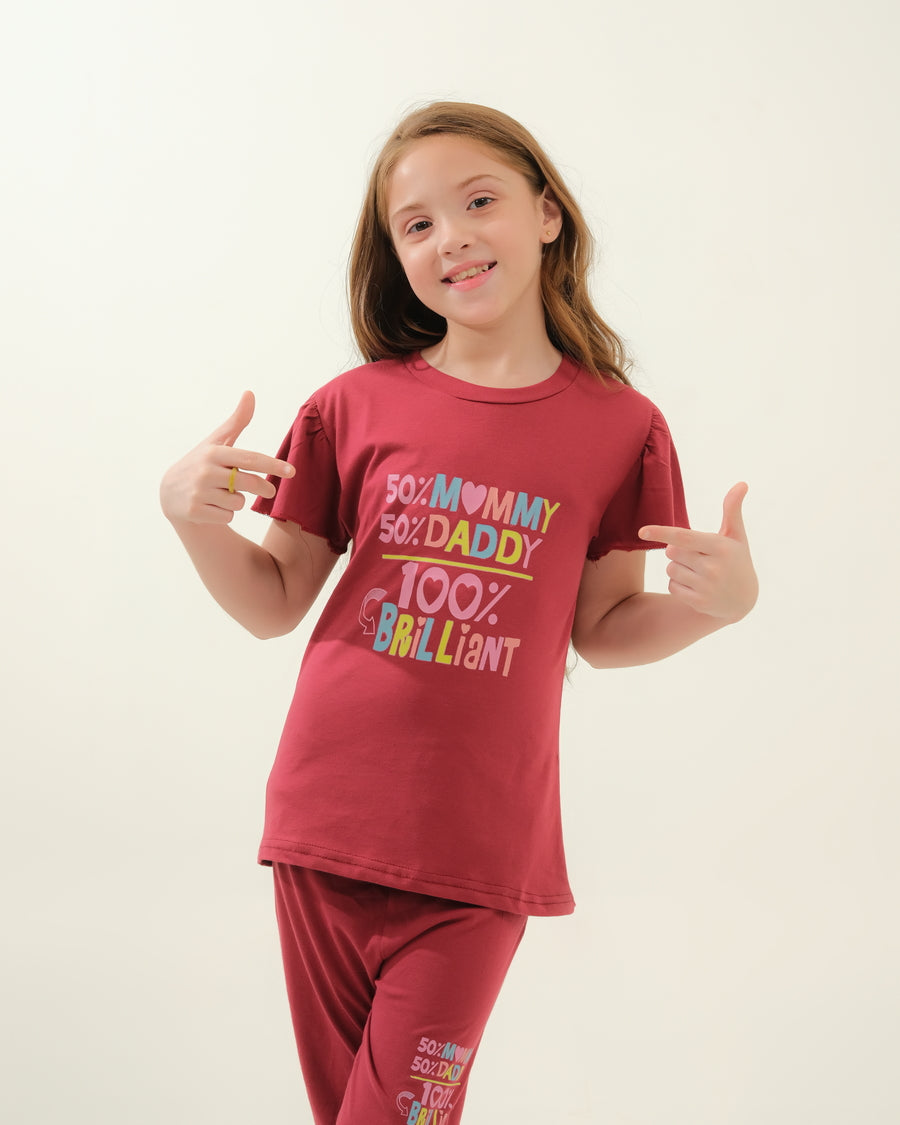 Girls' Maroon "50% Mommy, 50% Daddy, 100% Brilliant" Lounge Set