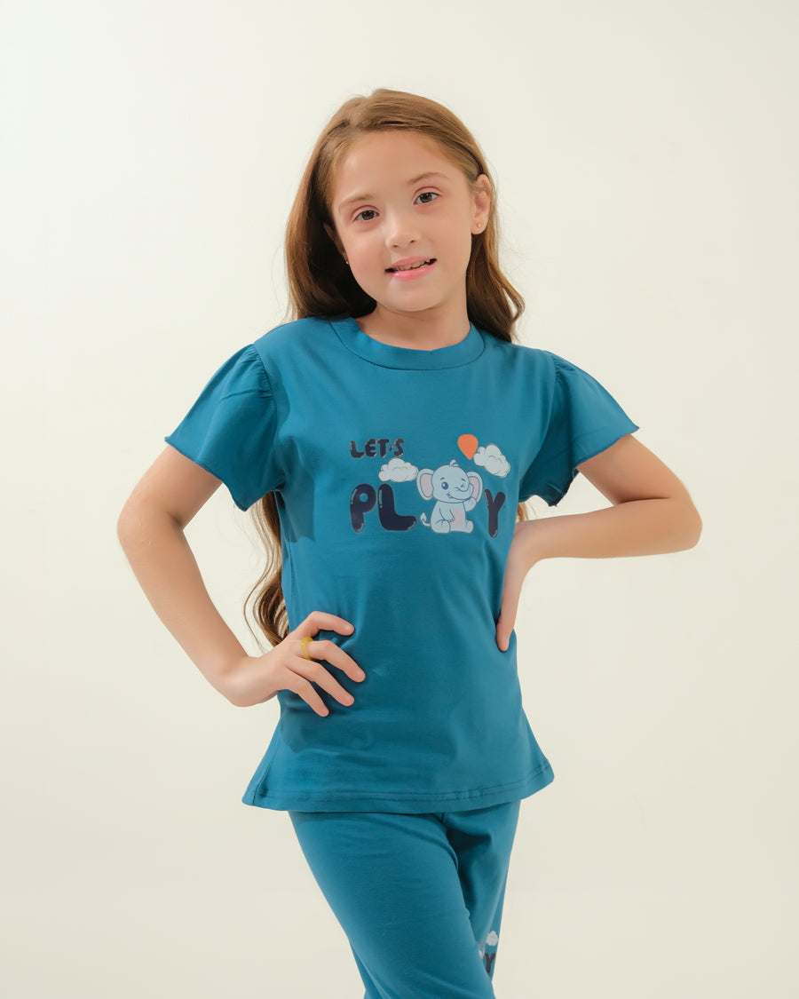 Girls' Teal "Let's Play" Elephant Lounge Set