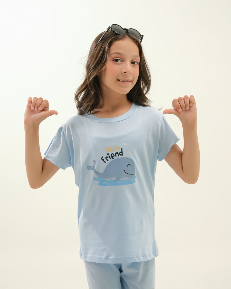 Girls' Light Blue "My Friend" Whale Lounge Set