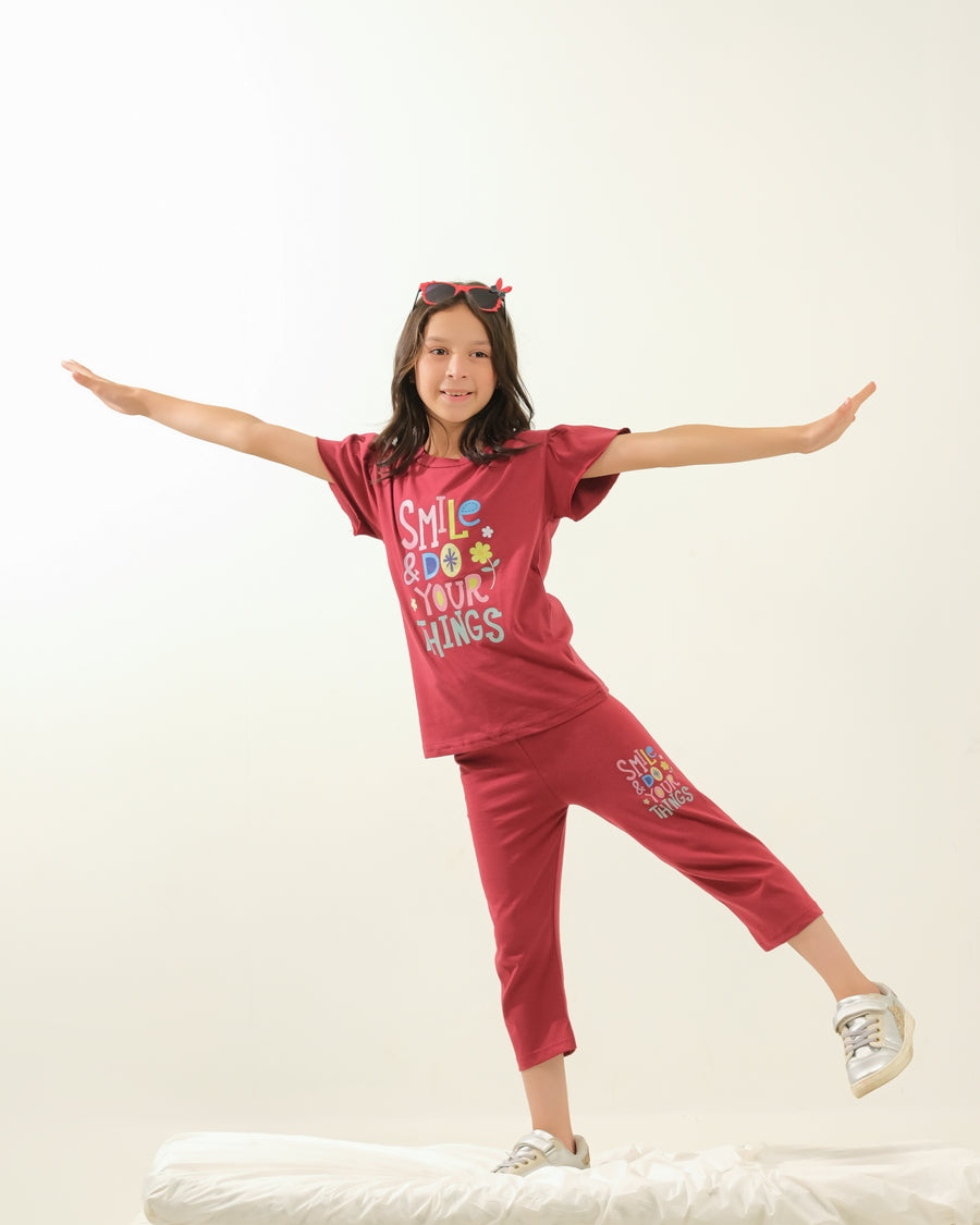 Girls' Maroon "Smile & Do Your Own Things" Lounge Set