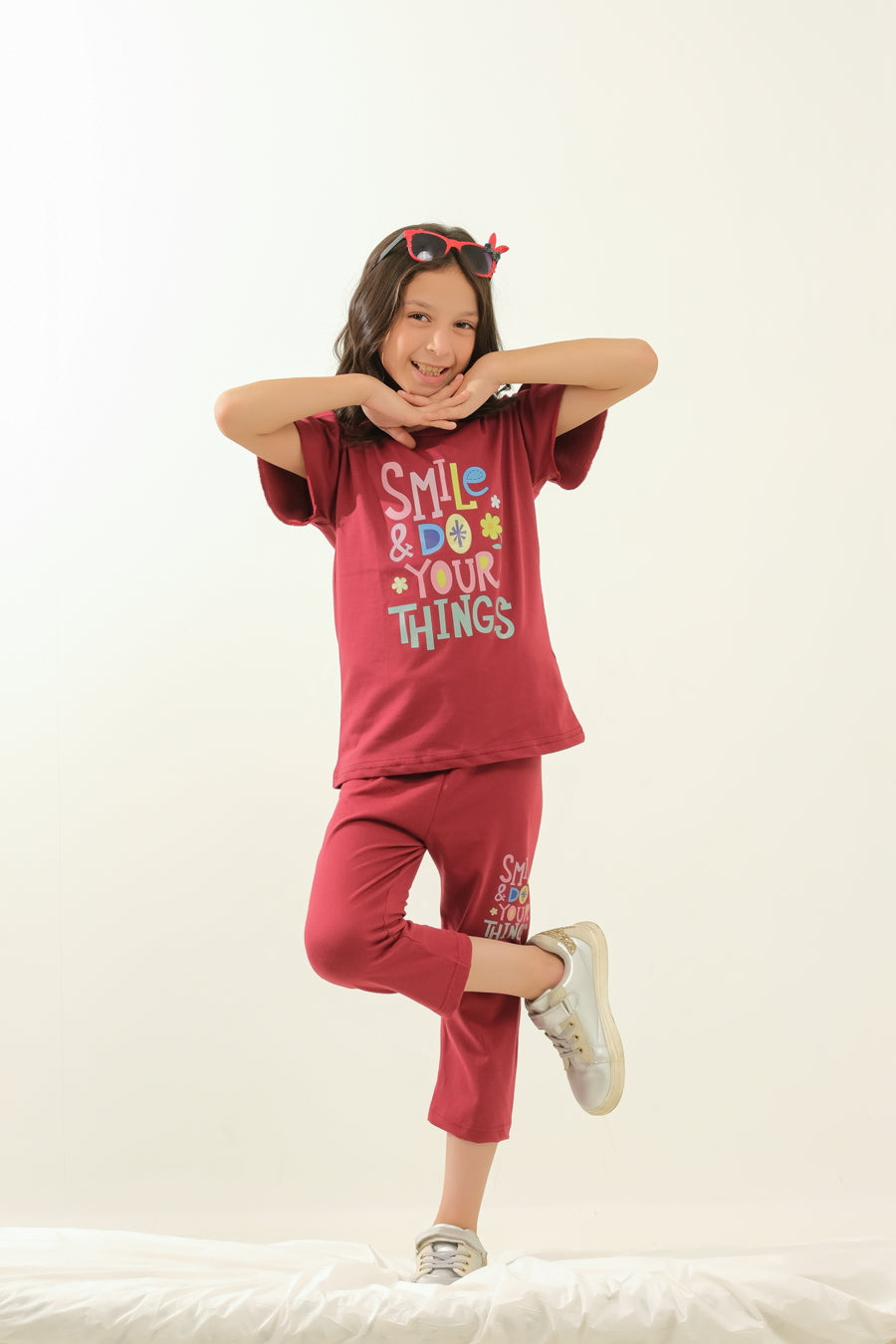 Girls' Maroon "Smile & Do Your Own Things" Lounge Set