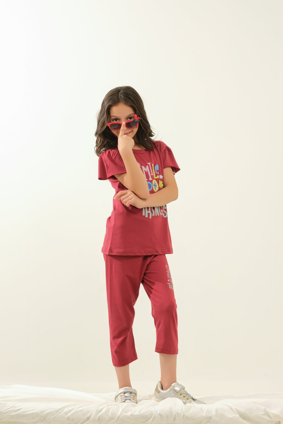 Girls' Maroon "Smile & Do Your Own Things" Lounge Set