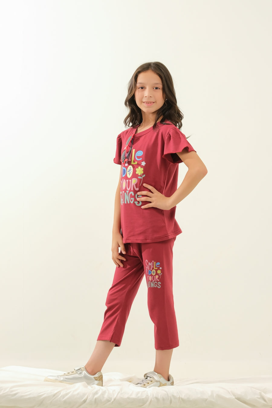 Girls' Maroon "Smile & Do Your Own Things" Lounge Set