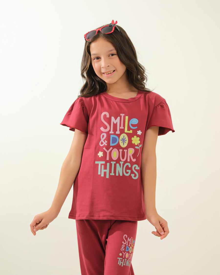 Girls' Maroon "Smile & Do Your Own Things" Lounge Set