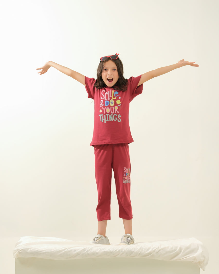 Girls' Maroon "Smile & Do Your Own Things" Lounge Set