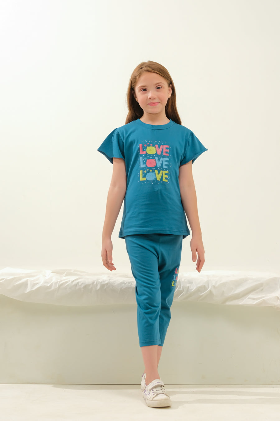 Girls' Teal "LOVE" Striped Graphic Lounge Set