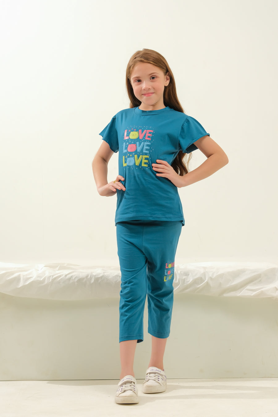 Girls' Teal "LOVE" Striped Graphic Lounge Set