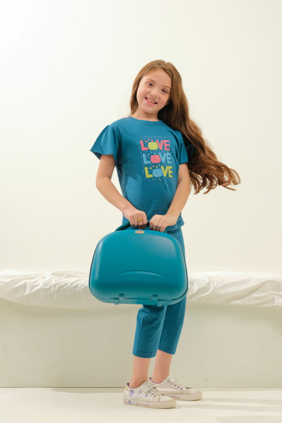 Girls' Teal "LOVE" Striped Graphic Lounge Set