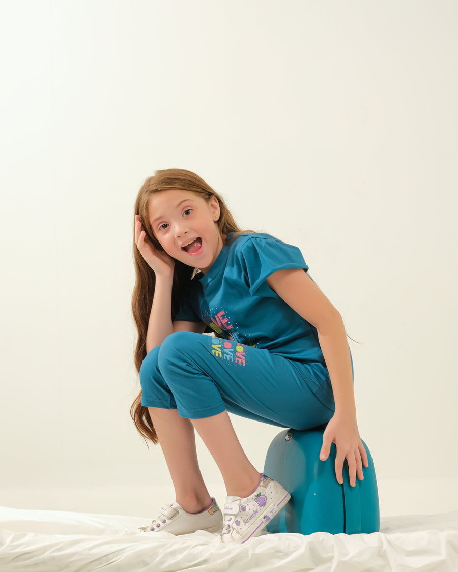 Girls' Teal "LOVE" Striped Graphic Lounge Set