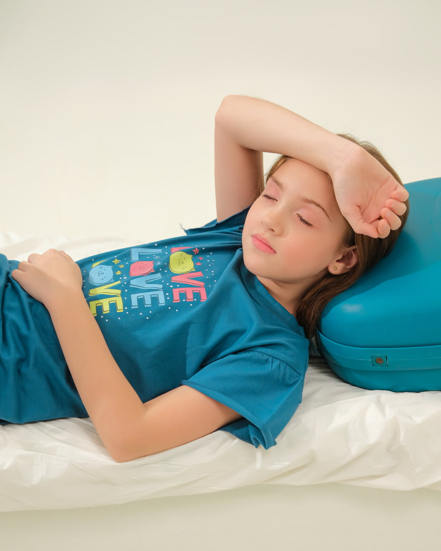 Girls' Teal "LOVE" Striped Graphic Lounge Set