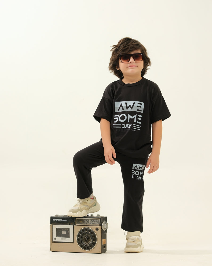Boys' Black "AWESOME DAY" Graphic Lounge Set