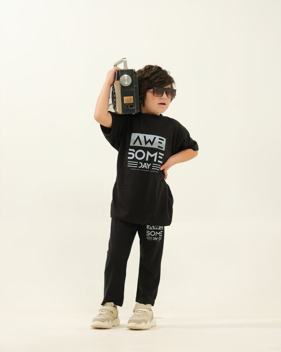 Boys' Black "AWESOME DAY" Graphic Lounge Set