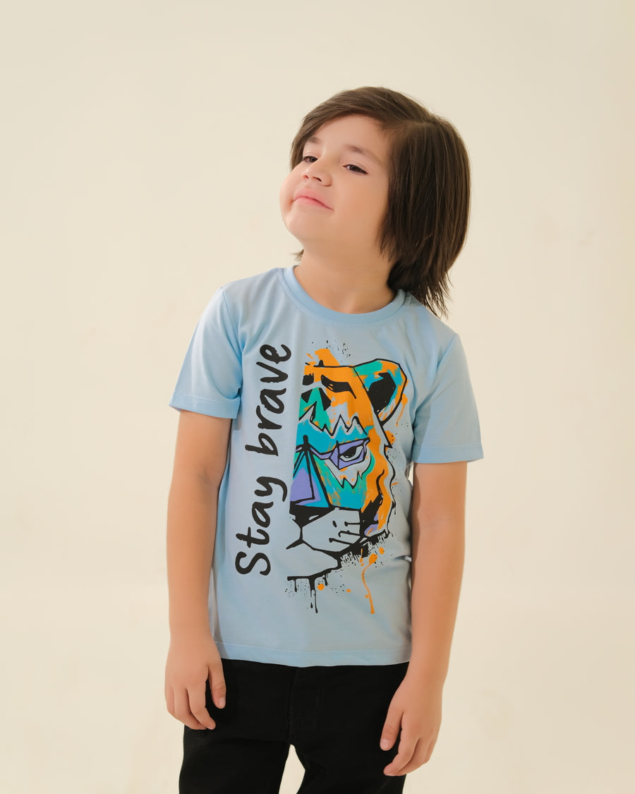 Kids' Light Blue "Stay Brave" Tiger Graphic T-Shirt