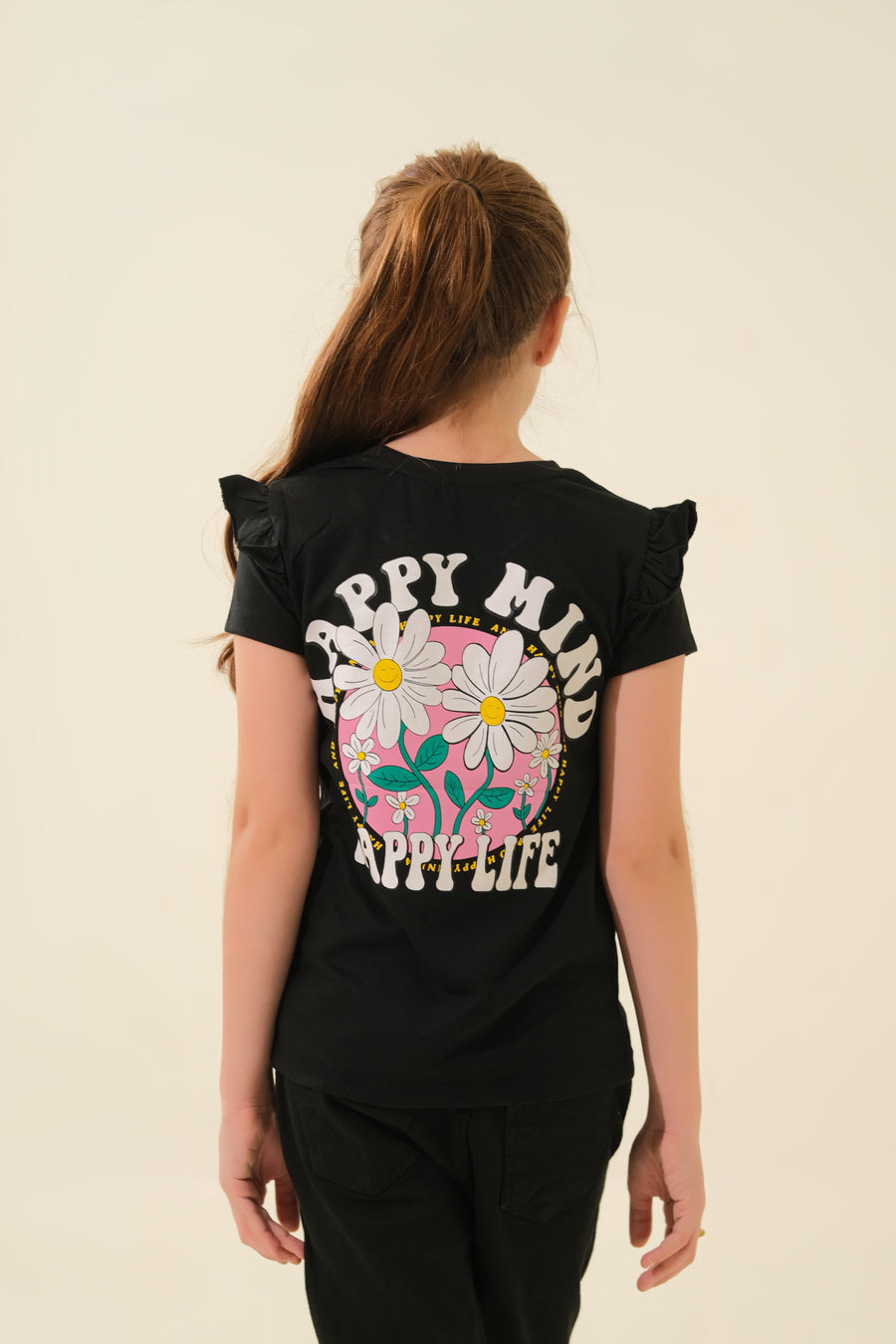 Girls' black "Happy Mind Happy Life" Floral T-Shirt with Ruffled Sleeves
