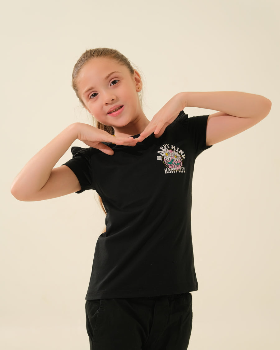 Girls' black "Happy Mind Happy Life" Floral T-Shirt with Ruffled Sleeves