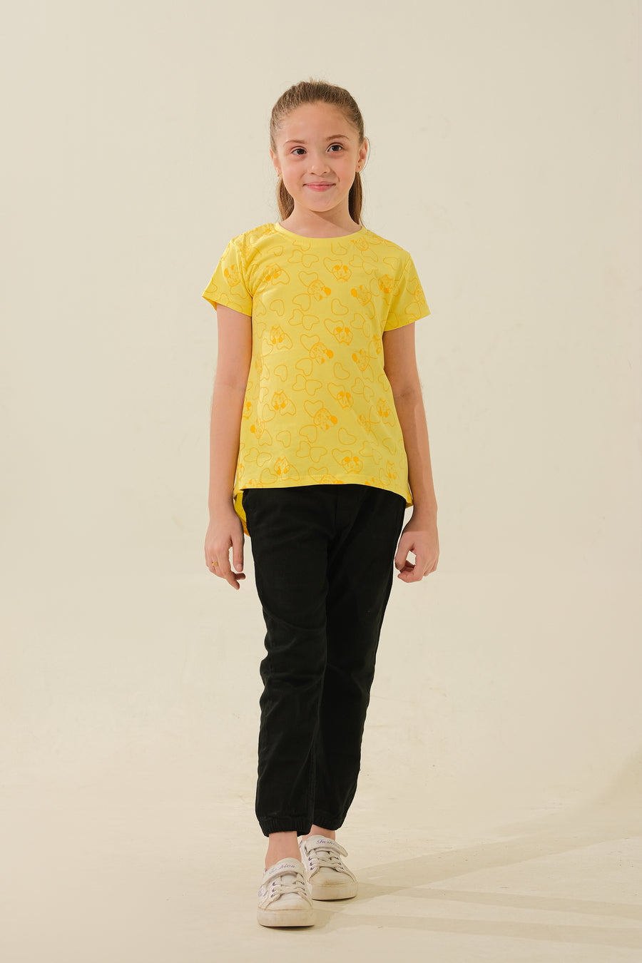 Yellow Mickey Mouse & Hearts Print T-Shirt