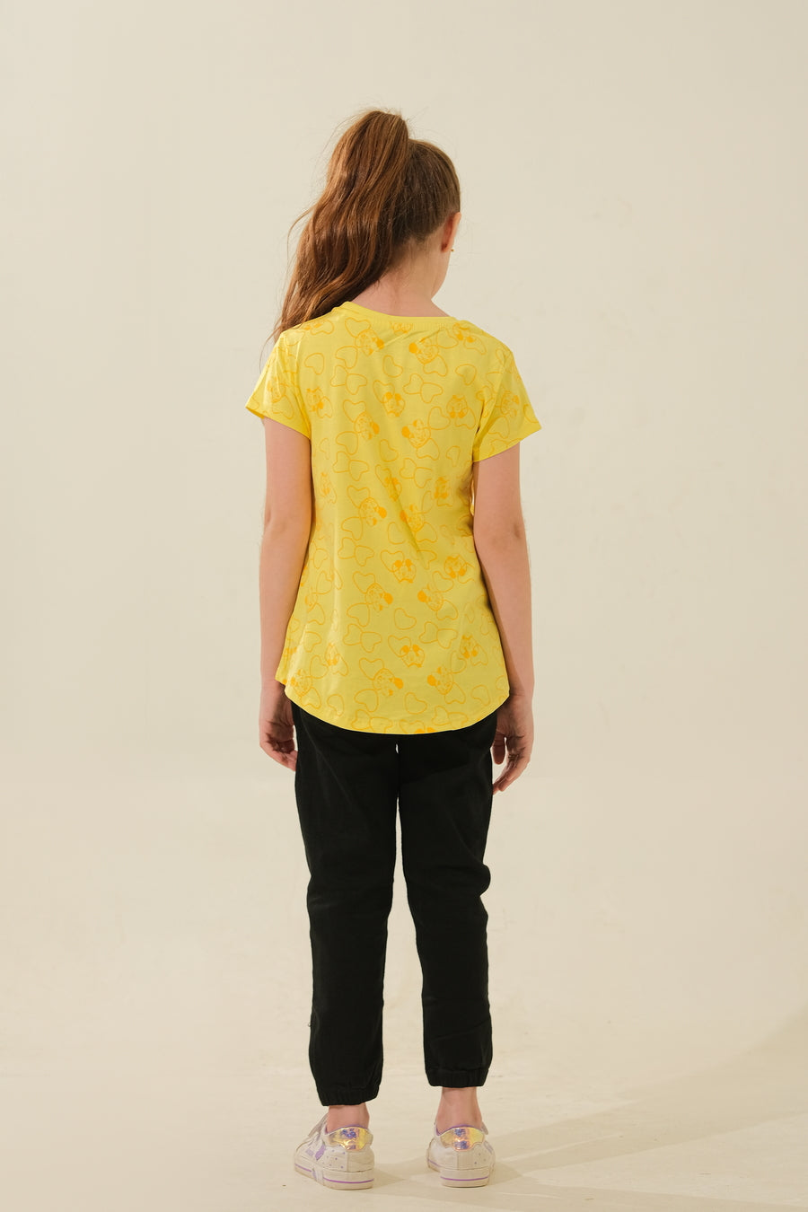 Yellow Mickey Mouse & Hearts Print T-Shirt