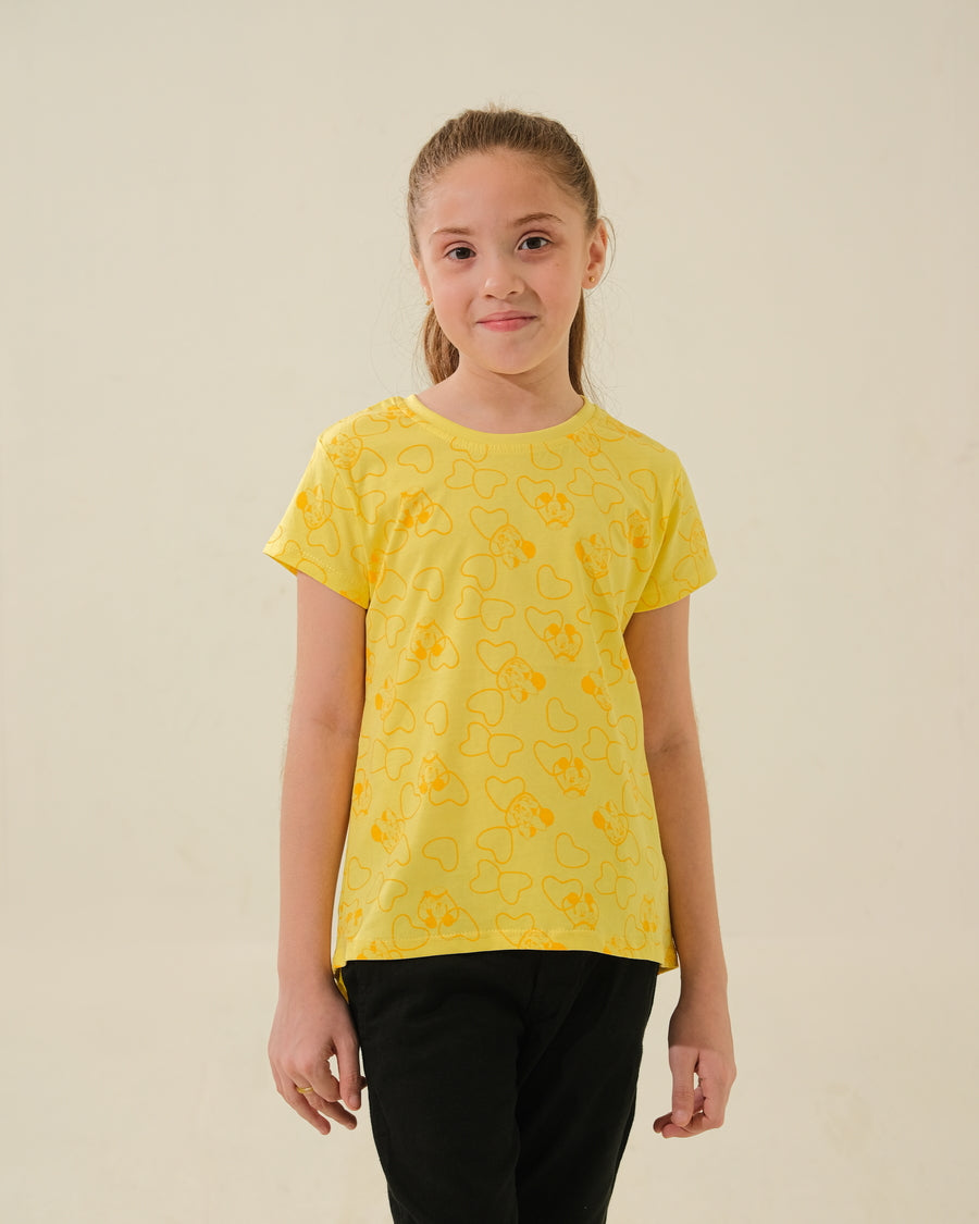 Yellow Mickey Mouse & Hearts Print T-Shirt