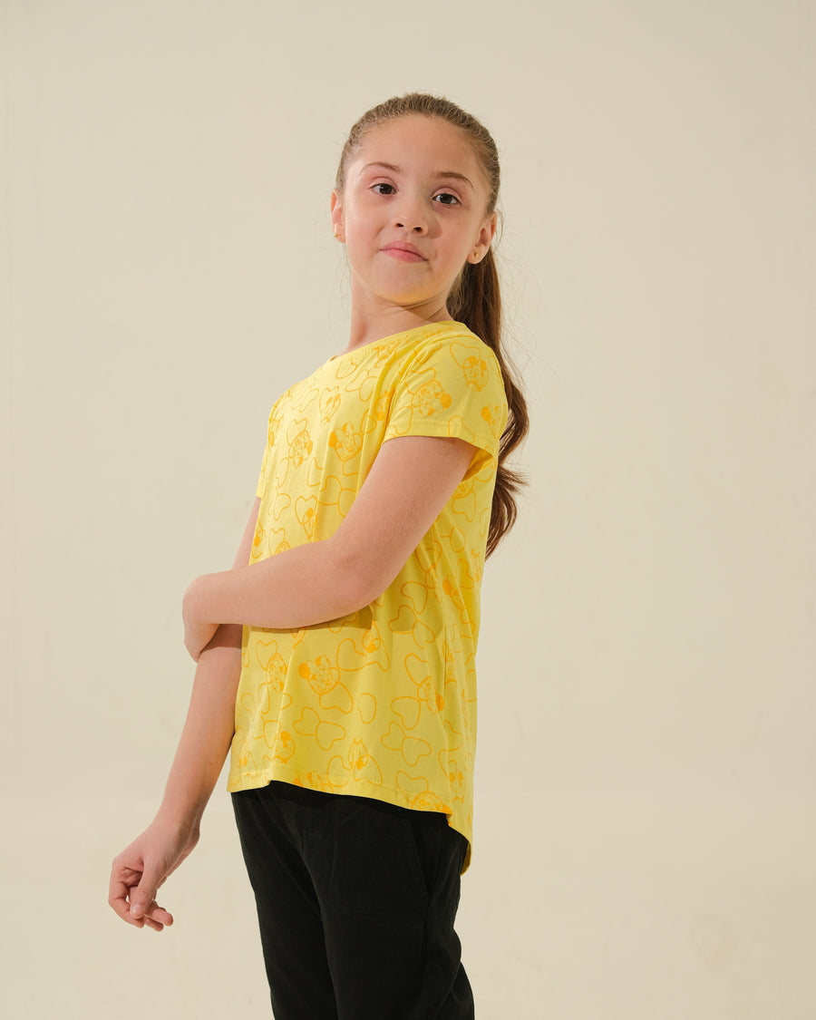 Yellow Mickey Mouse & Hearts Print T-Shirt