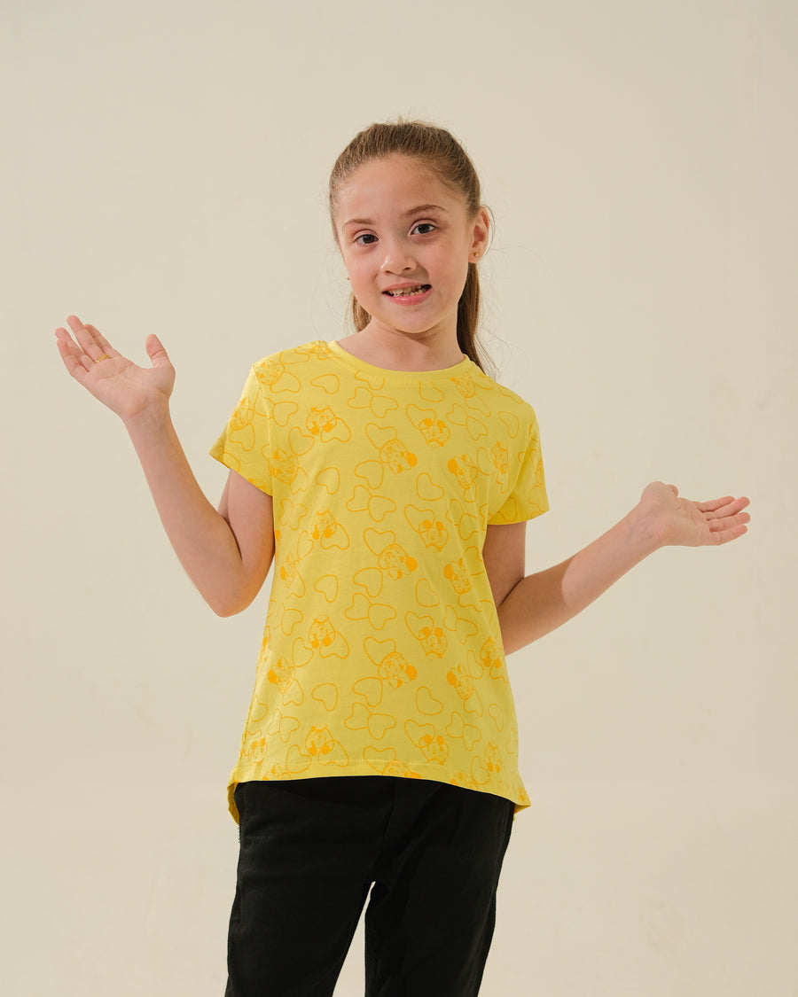 Yellow Mickey Mouse & Hearts Print T-Shirt