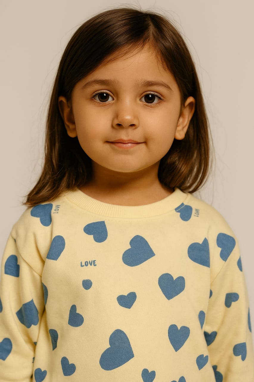 Kids' Pale Yellow  Branded Fleece Crewneck Sweatshirt with light Blue Heart Print
