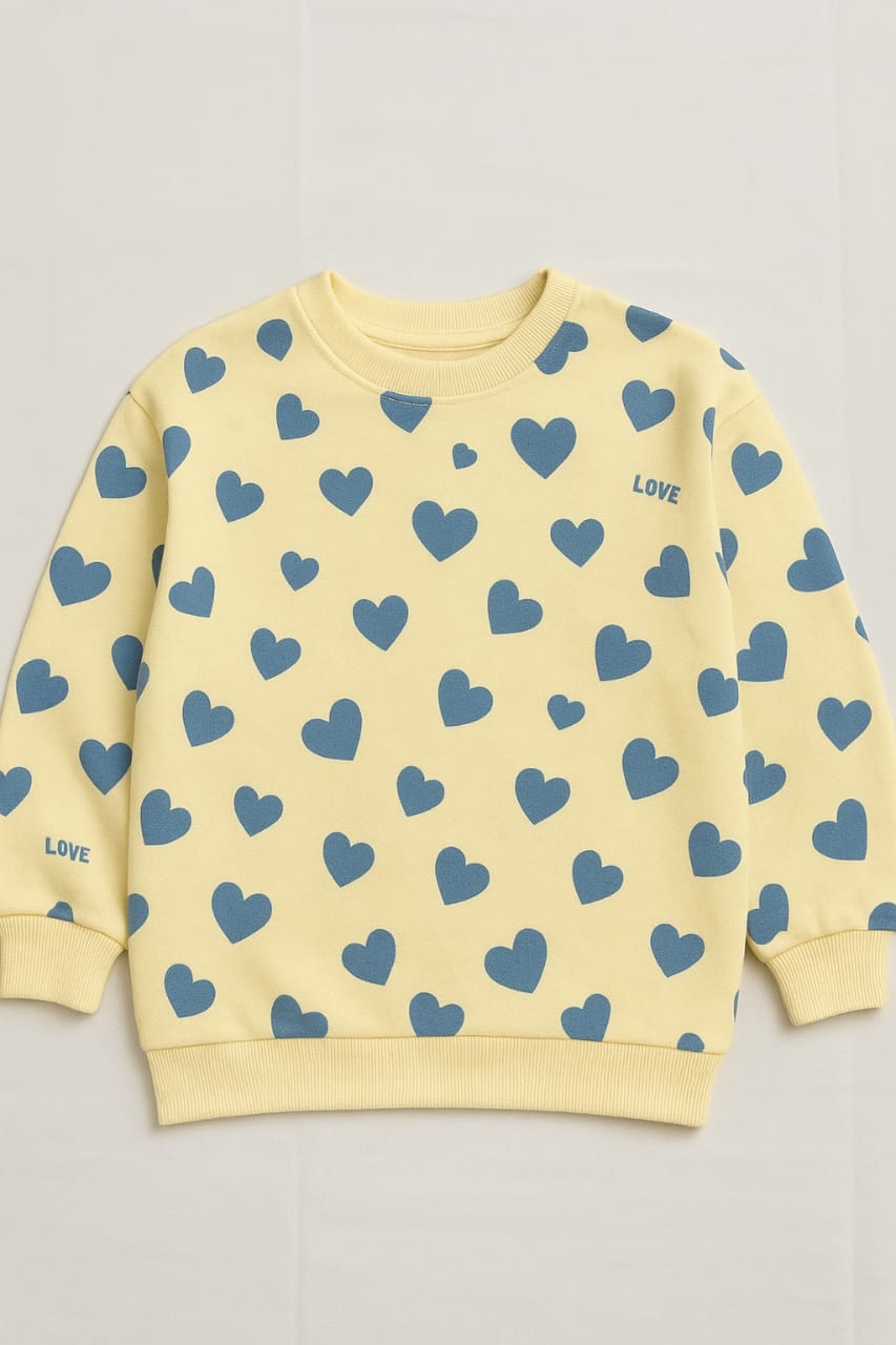 Kids' Pale Yellow  Branded Fleece Crewneck Sweatshirt with light Blue Heart Print