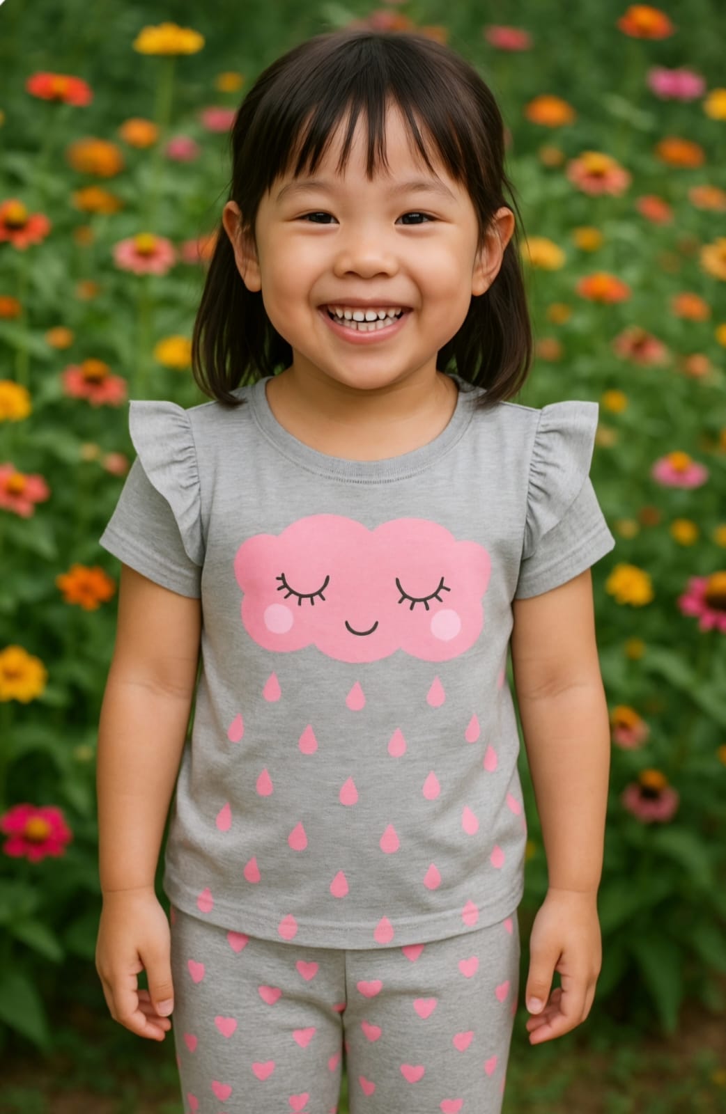 Dreamy Clouds: Gray Pajama Set with Pink Cloud and Rain Drops