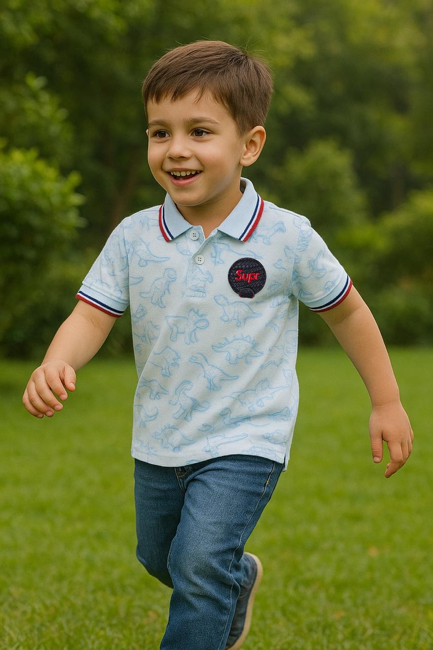 JuniorArm Boys' White Dinosaur Print Polo with Sky Blue Collar
