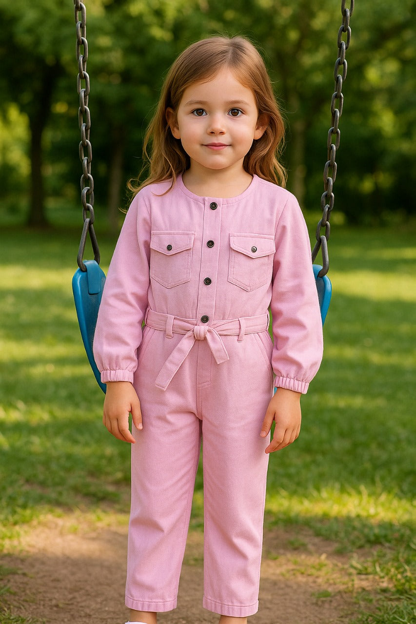 Pink Long Sleeve Jumpsuit with Tie Waist