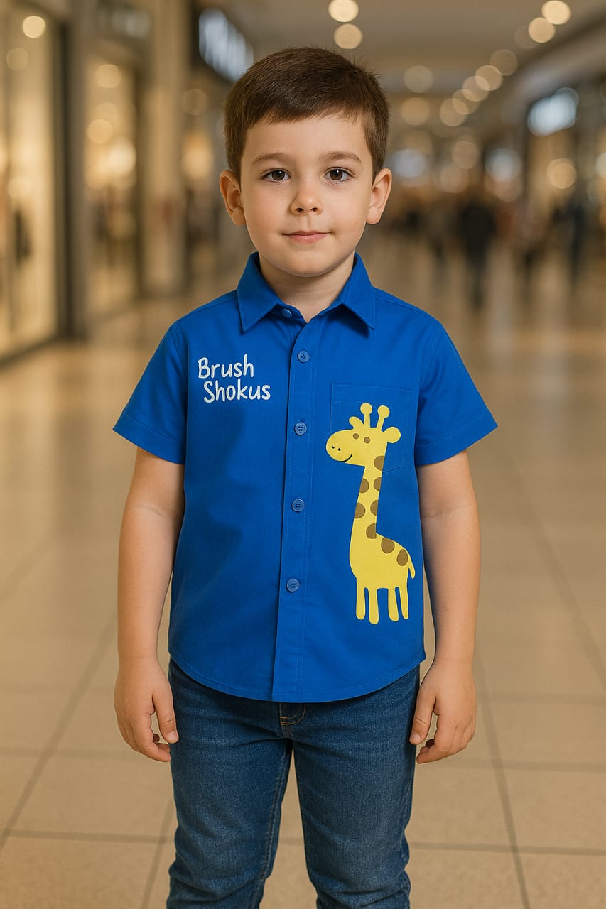 Playful Prep: Bright Blue Button-Down Shirt with Giraffe Applique and Text Detail