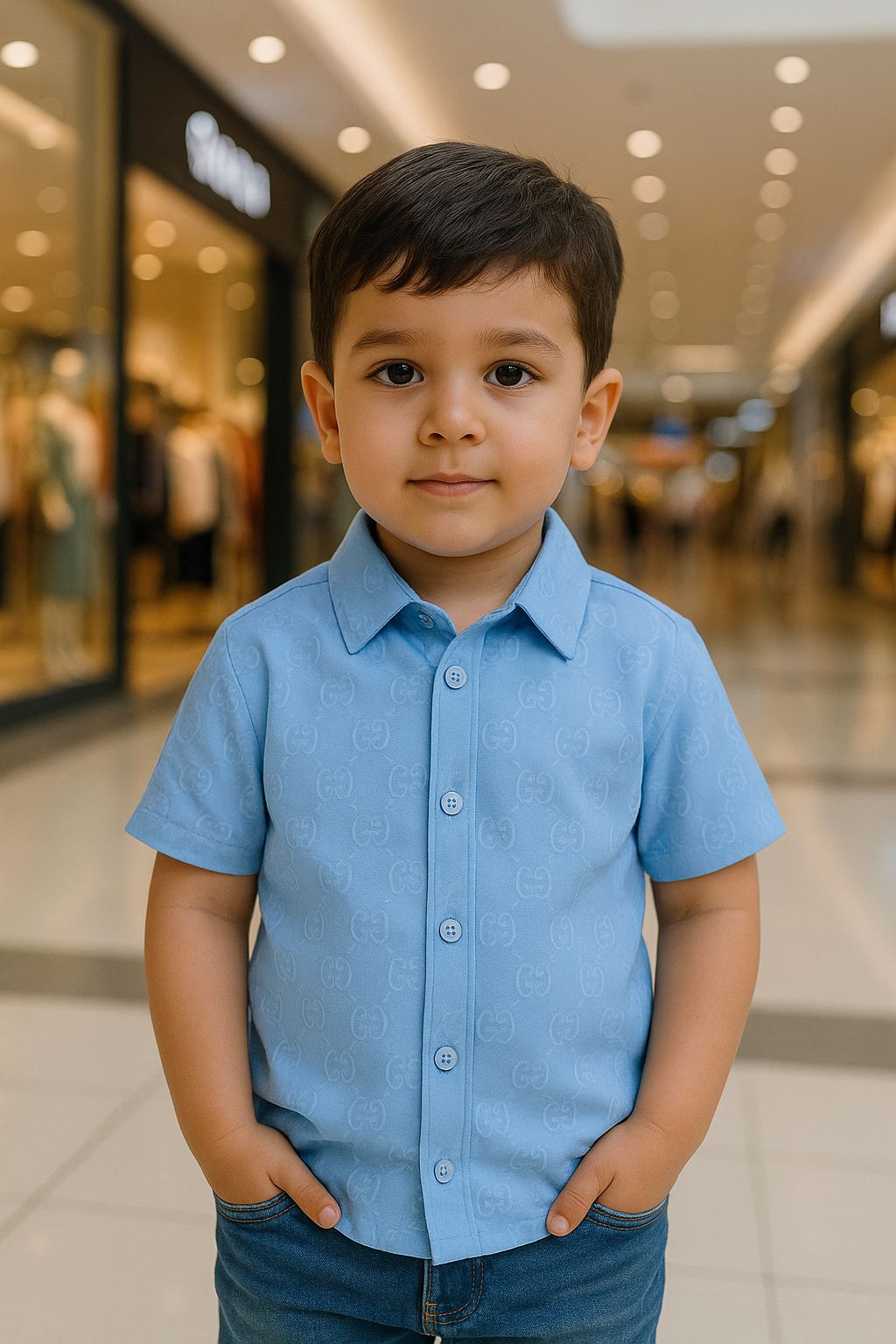 Boys' Light Blue Patterned Short Sleeve Shirt