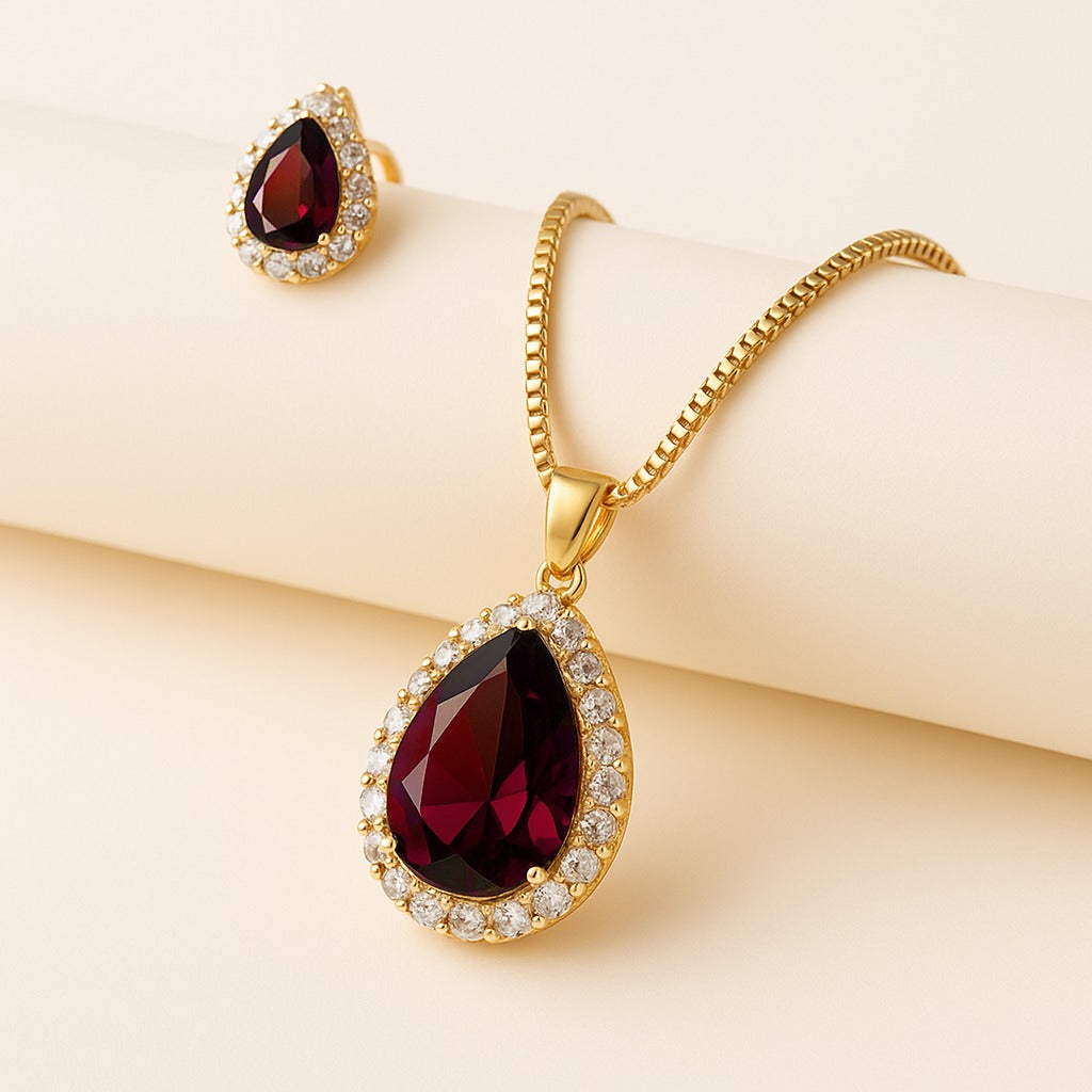 Earring and Necklace Rich Ruby Pear Drop Jewelry Set