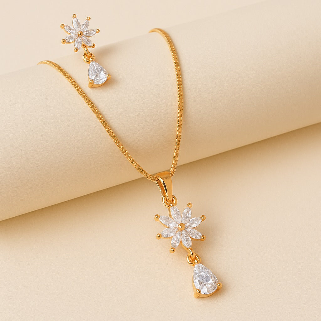 Earring and Necklace Delicate Floral Crystal Drop Jewelry Set