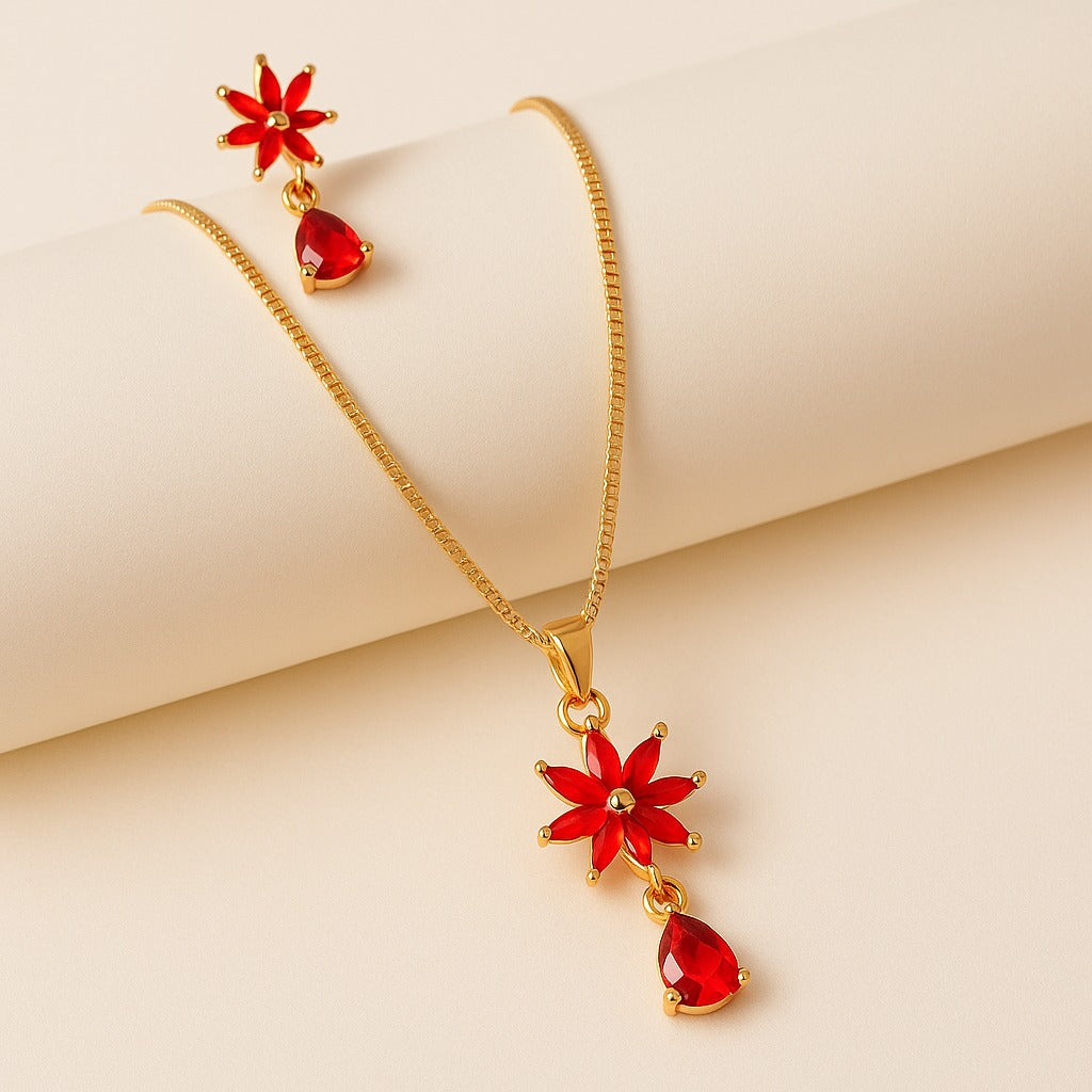 Earring and Necklace Vibrant Ruby Floral Drop Jewelry Set