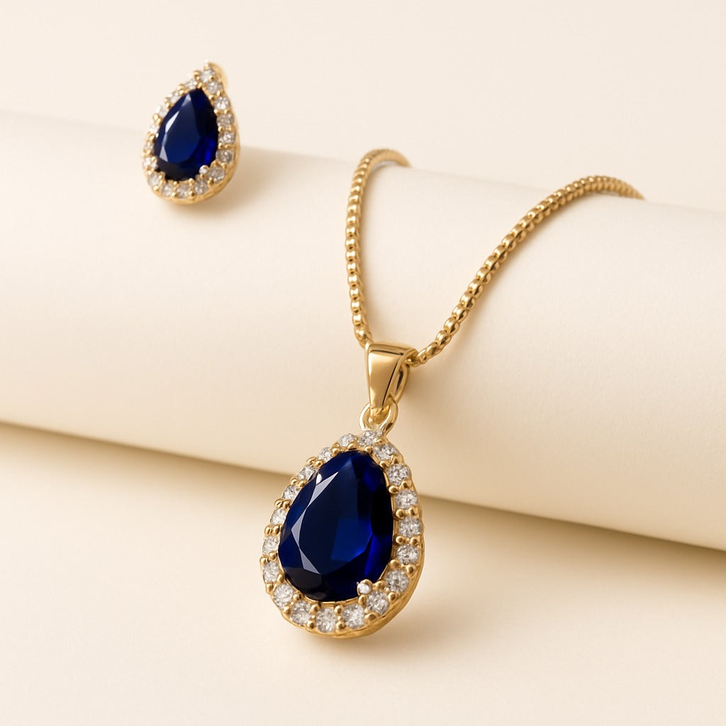 Earring and Necklace Royal Blue Crystal Pear Drop Jewelry Set