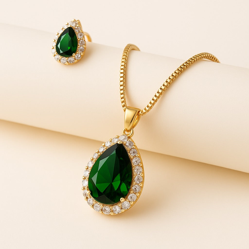 Earring and Necklace Lush Emerald Pear Drop Jewelry Set