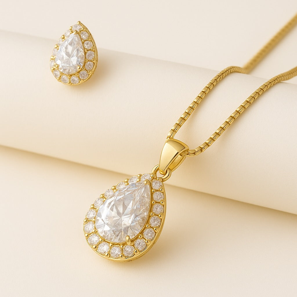 Earring and Necklace Sparkling Clear Crystal Pear Drop Jewelry Set
