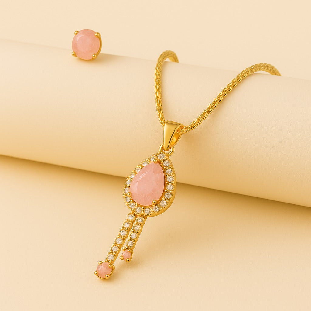 Earring and Necklace Glistening Rose Quartz Cascade Jewelry Set