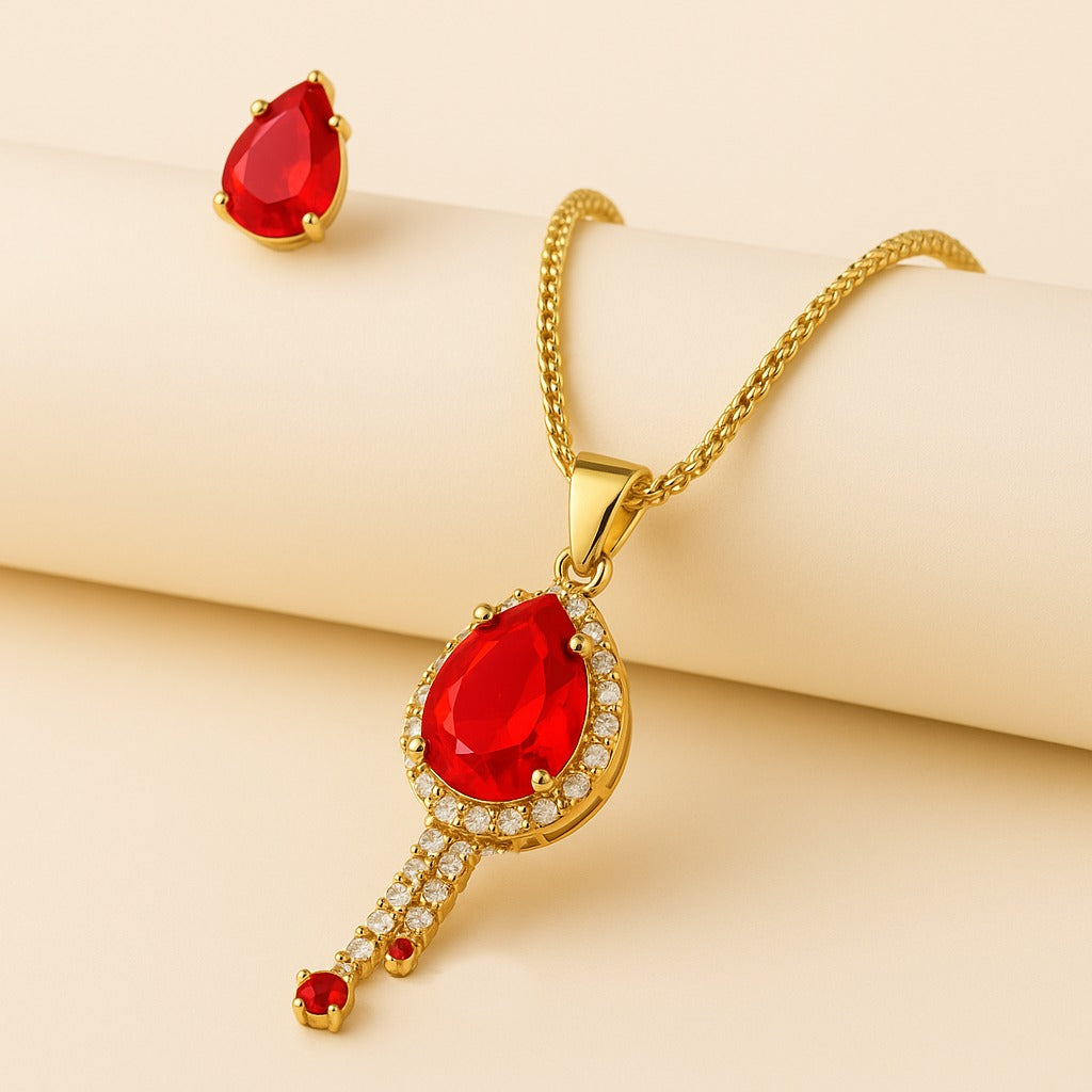 Earring and Necklace Fiery Ruby Crystal Cascade Jewelry Set