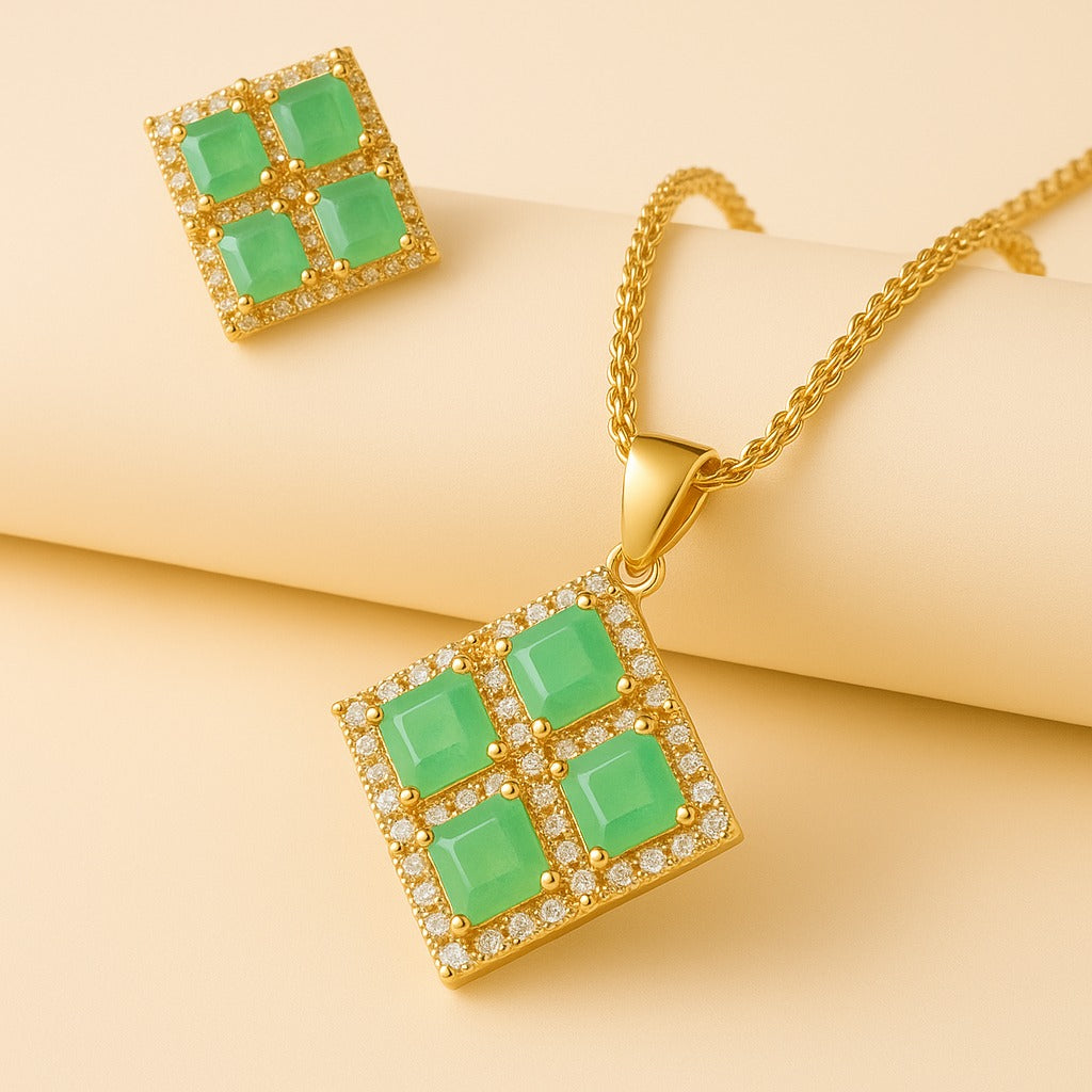 Earring and Necklace Verdant Emerald Sparkle Geometric Jewelry Set