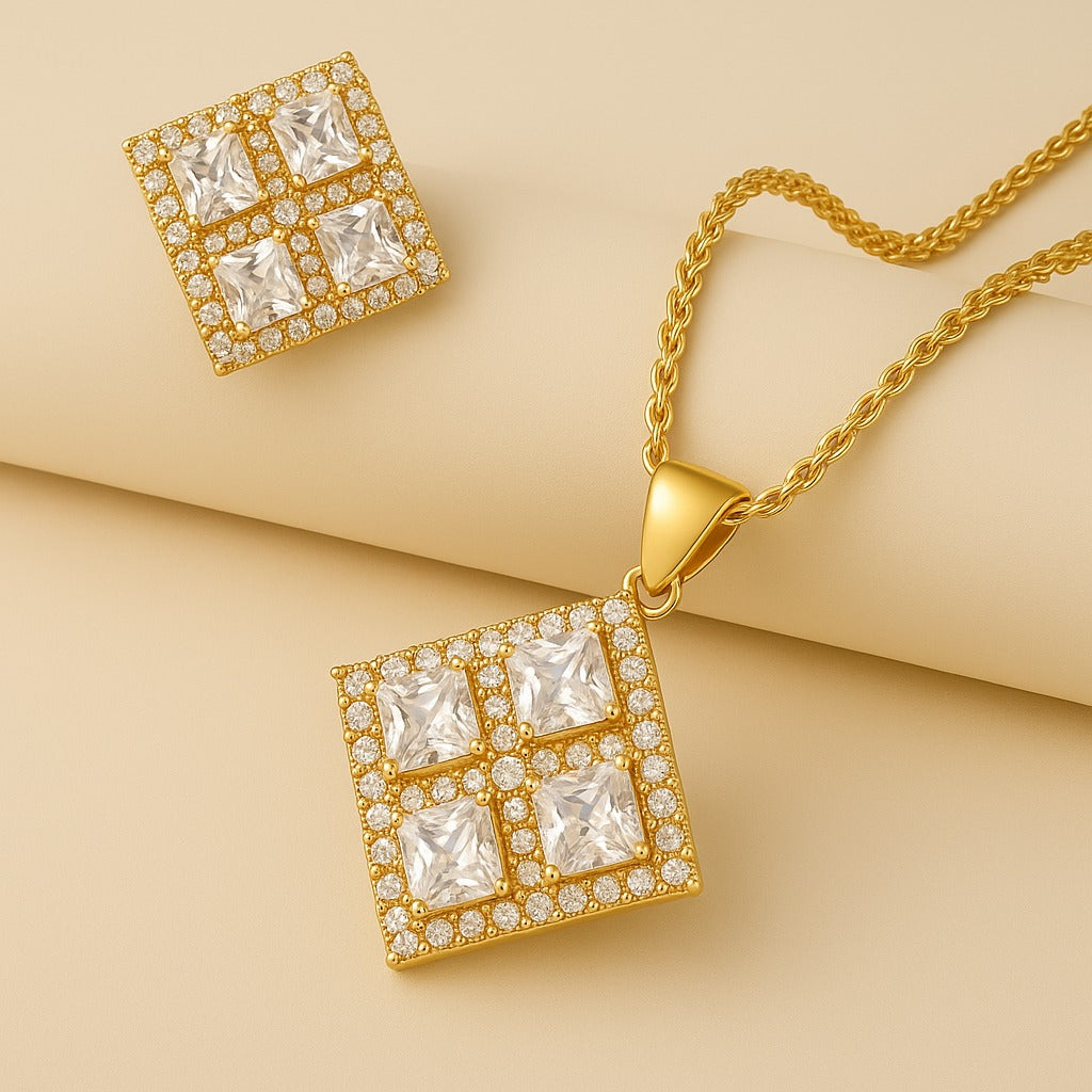 Earring and Necklace Brilliant Clear Crystal Geometric Jewelry Set