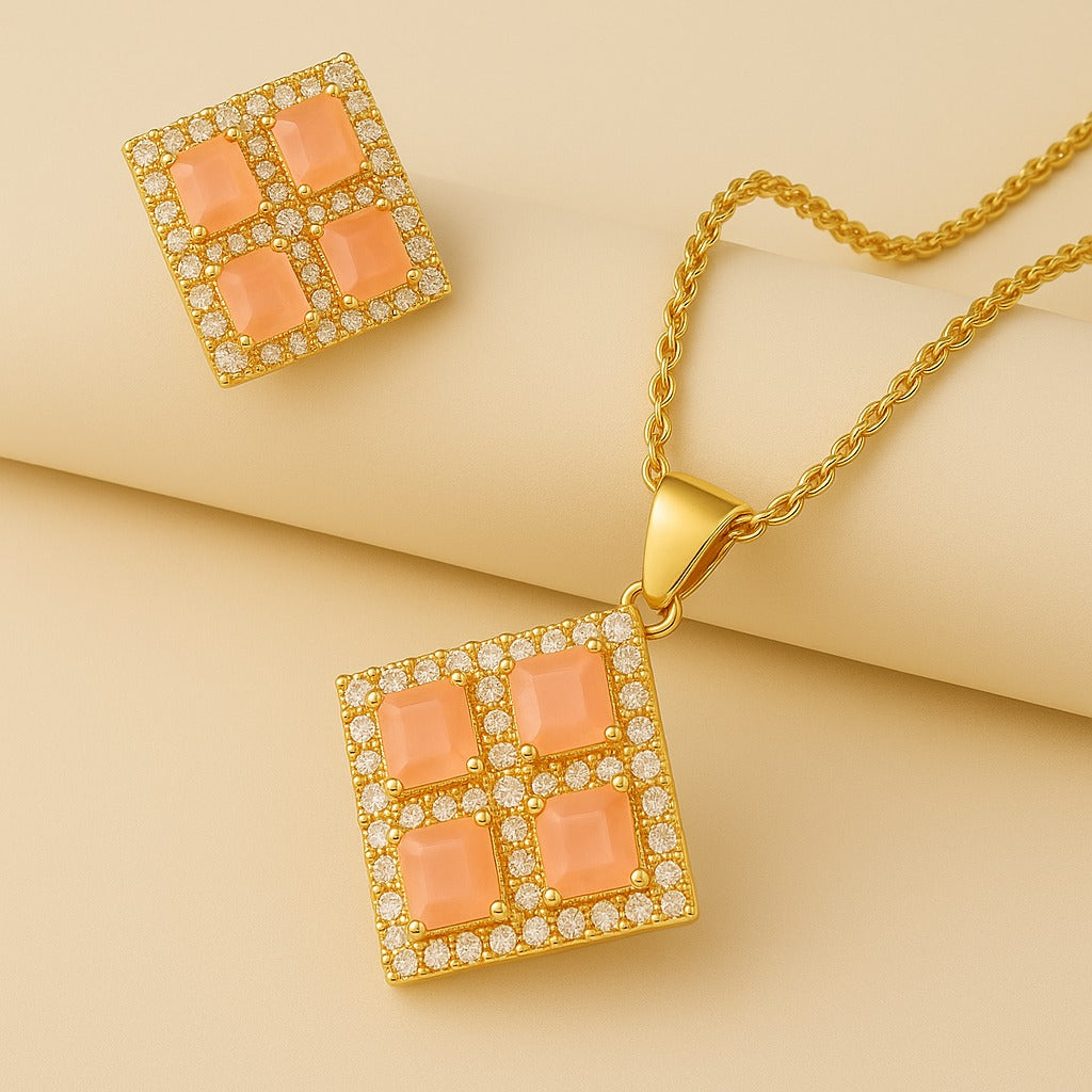 Earring and Necklace Soft Peach Sparkle Geometric Jewelry Set