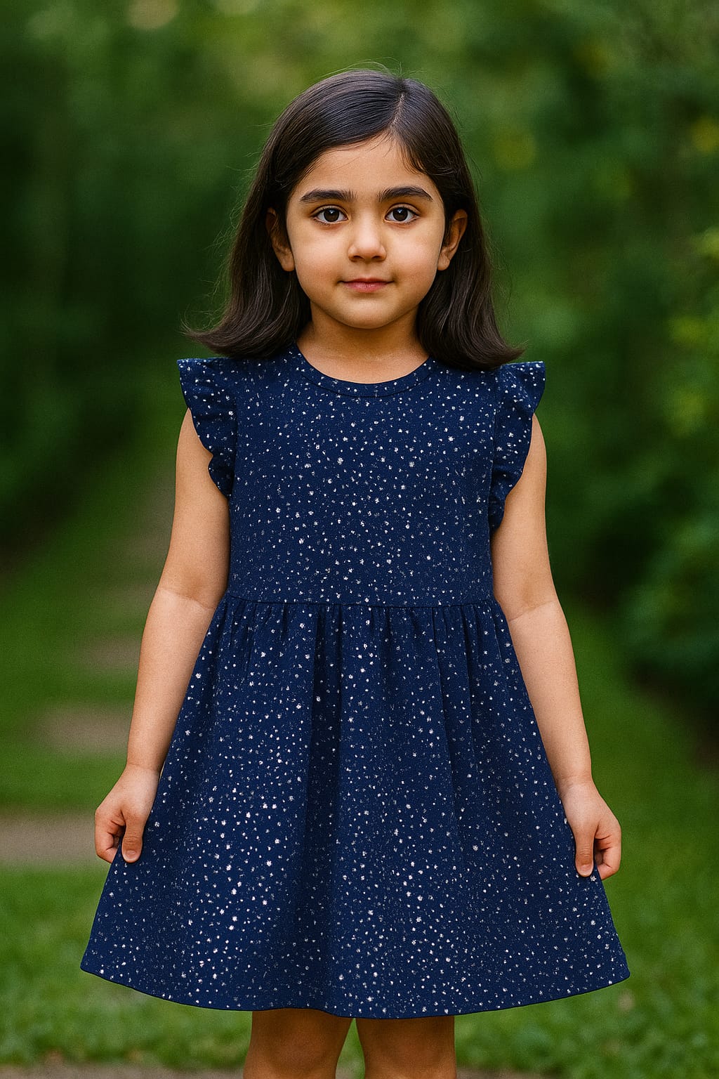 Girls' Navy Blue Star Print Ruffled Frock