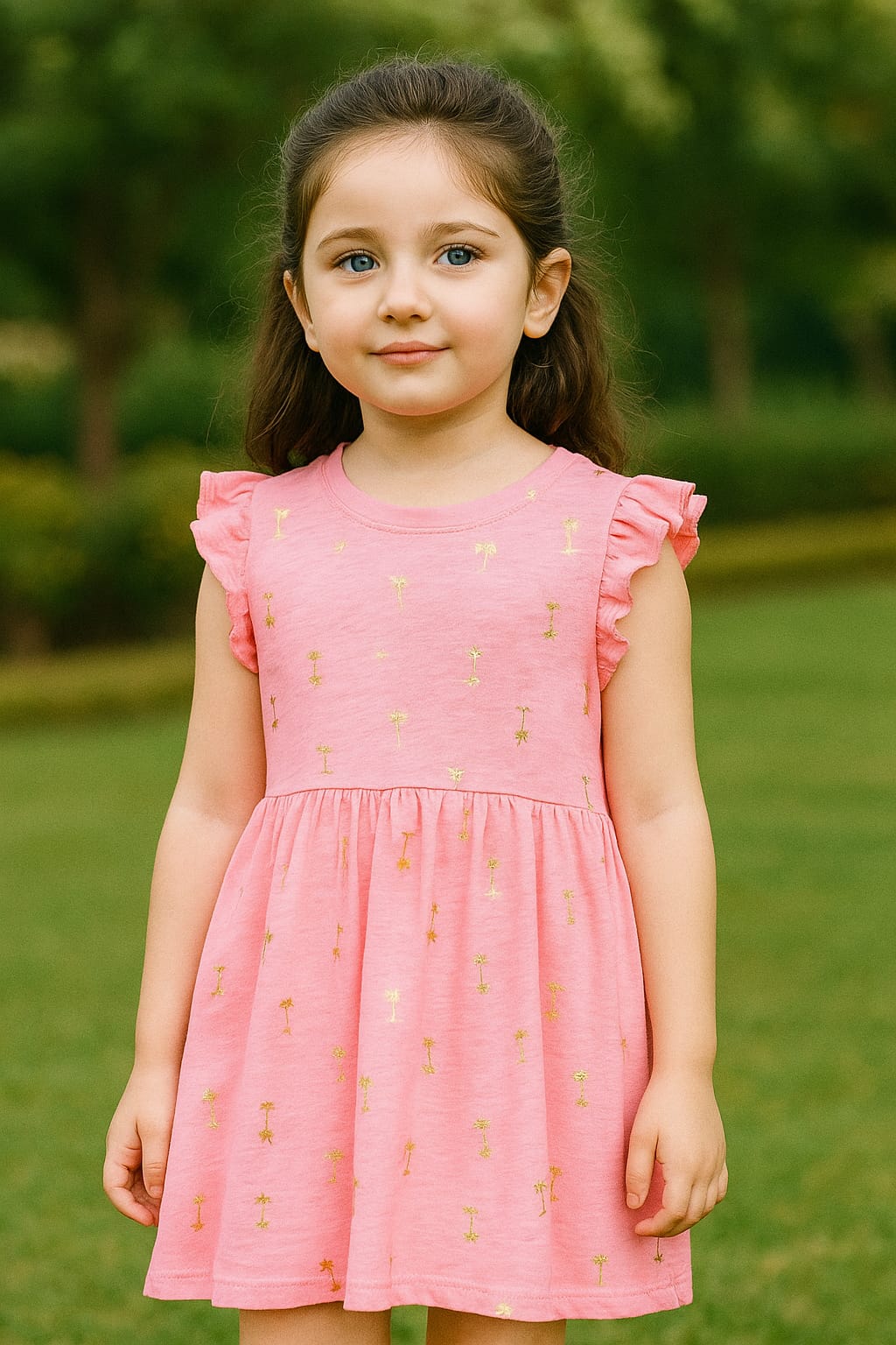 Girls' Pink Tropical Print Ruffled Sleeve Frock